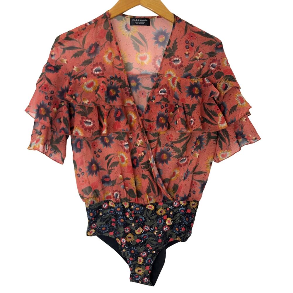 ZARA - Ruffle Floral Print Crossover Blouse Bodysuit - Women's Size Small